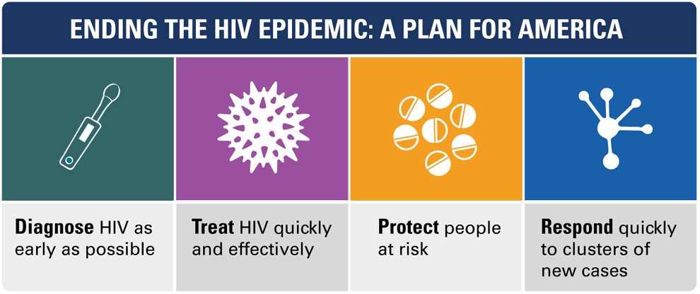 Ending the HIV Epidemic: A plan for America. Diagnose HIV as early as possible. Treat HIV quickly and effectively. Protect people at risk. Respond quickly to clusters of new cases.